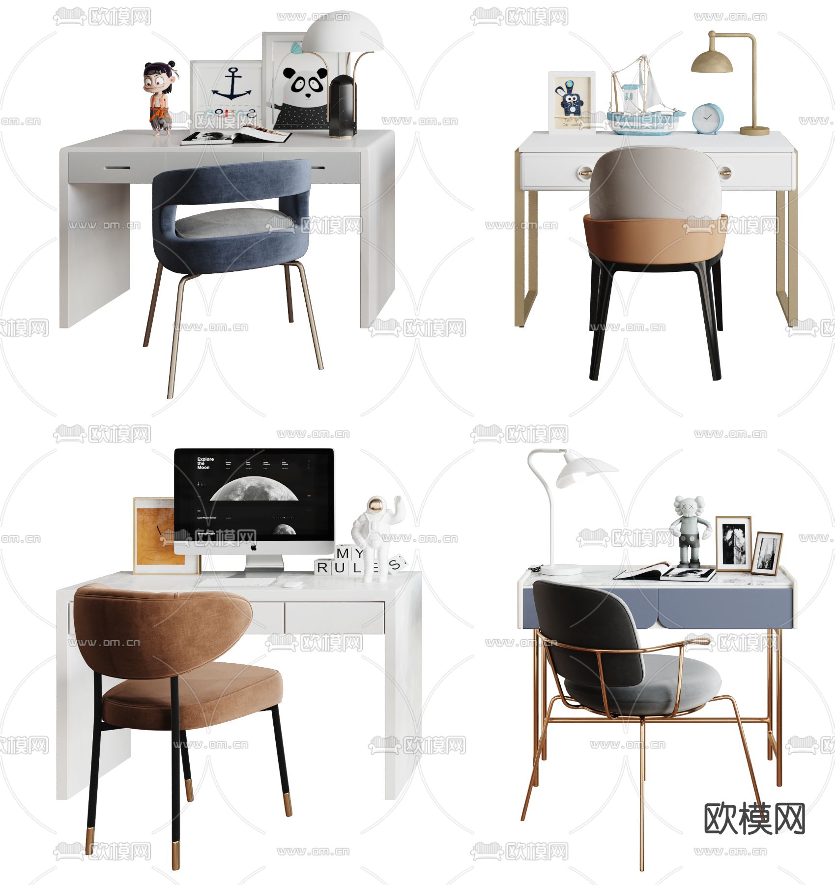 现代轻奢儿童书桌椅3d模型下载