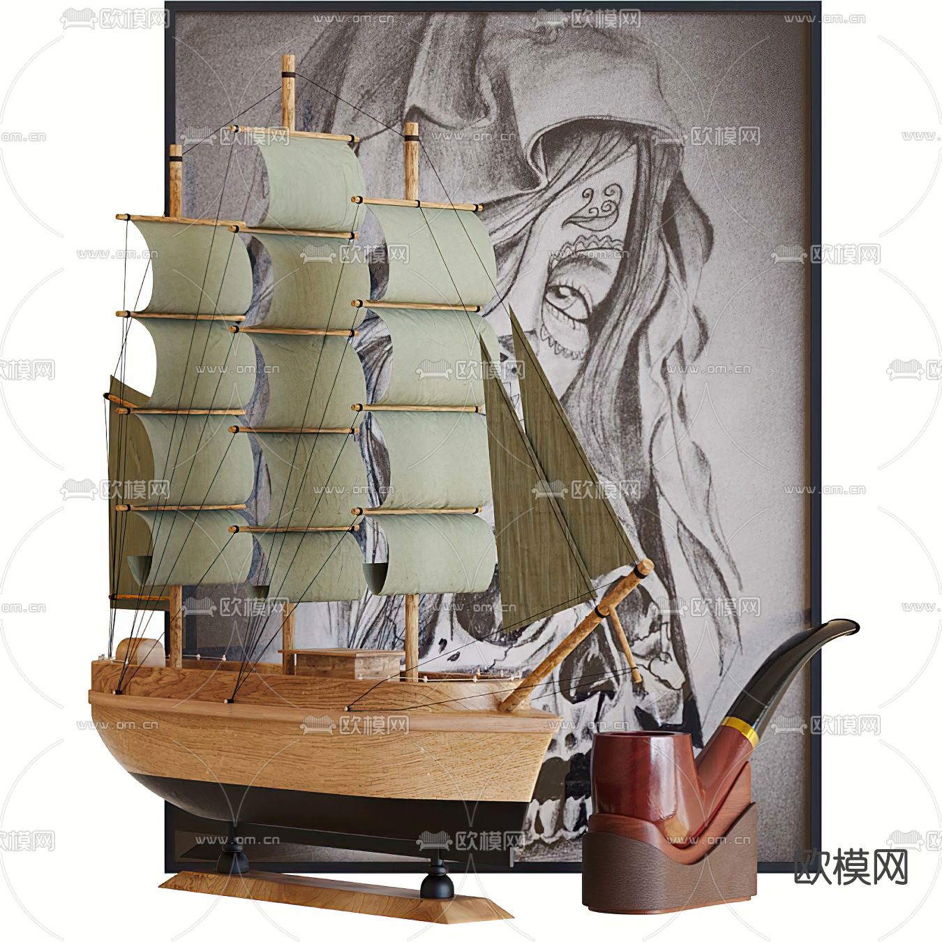 现代帆船烟斗饰品摆件3d模型