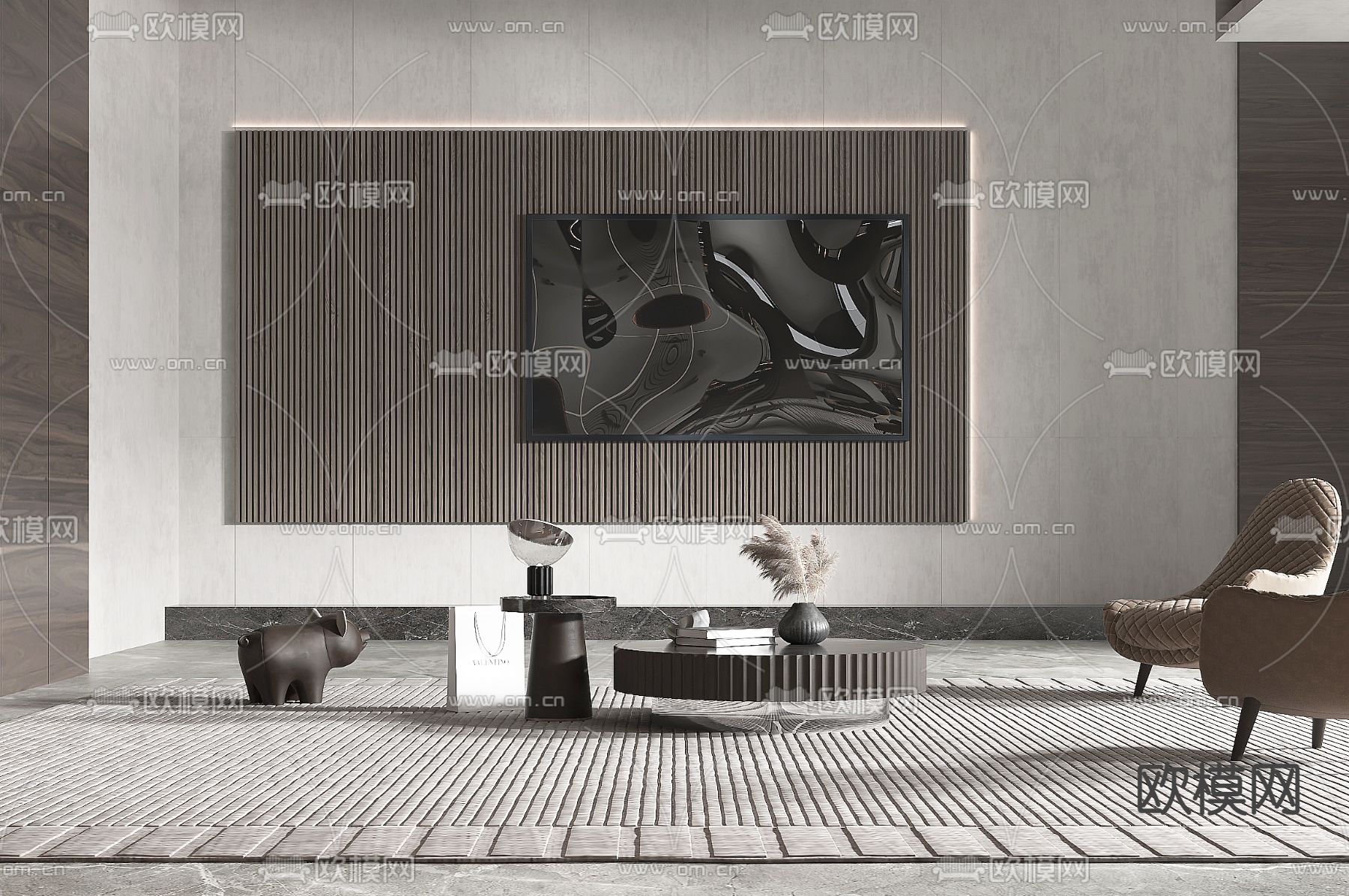 现代别墅客餐厅3d模型下载（渲染图1）