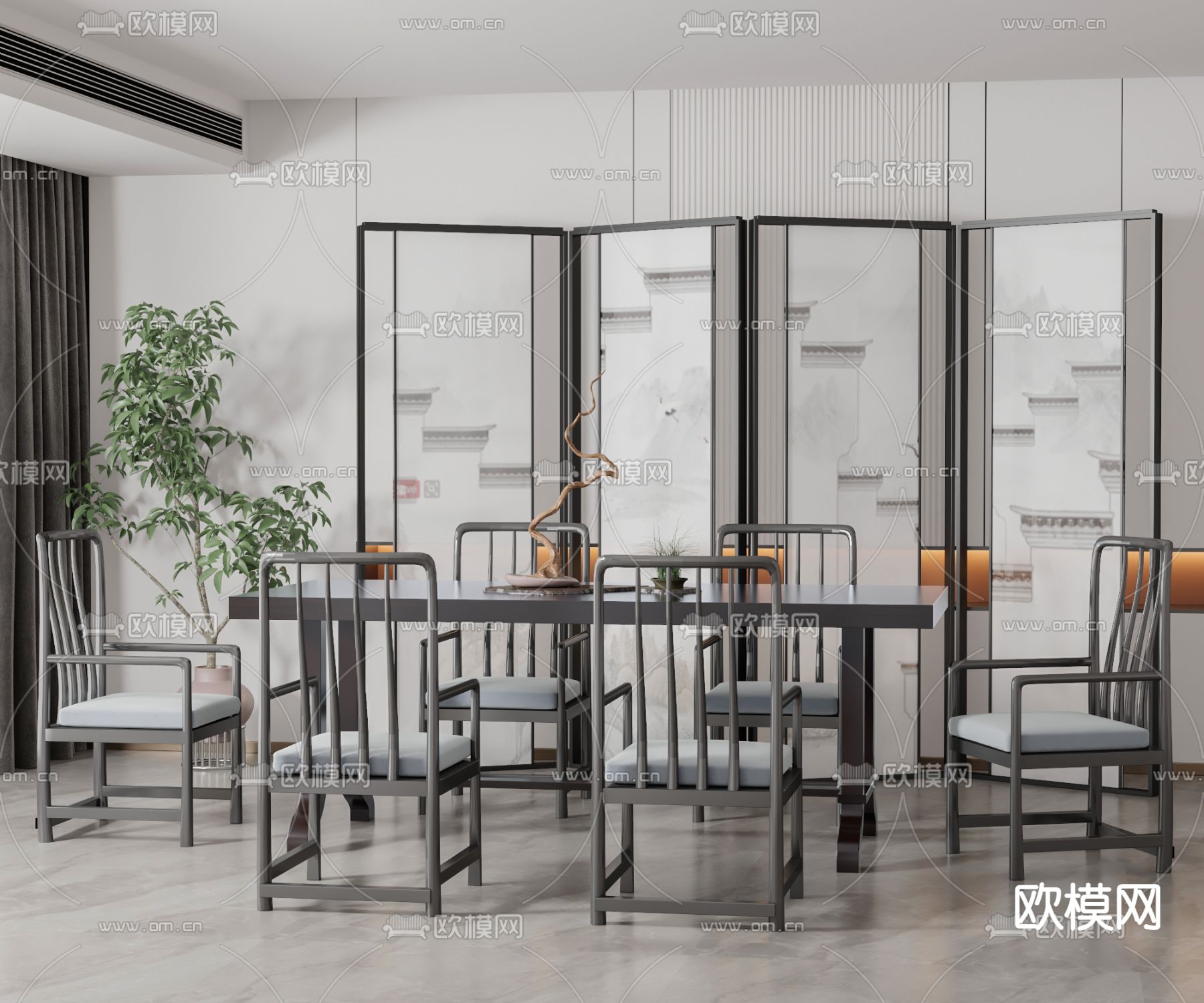 新中式条形餐桌椅3d模型