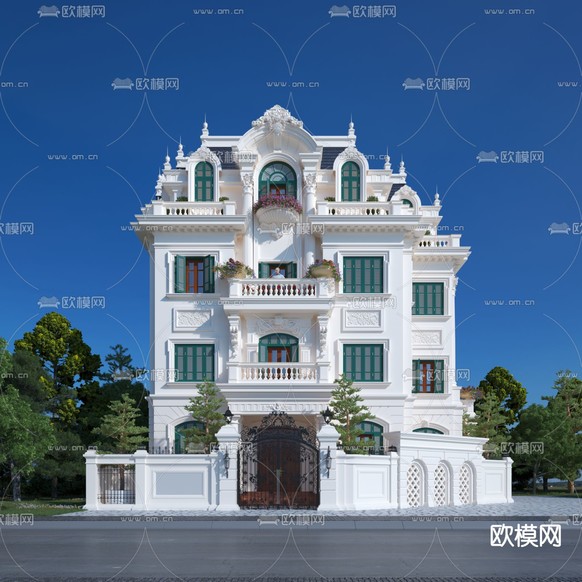 欧式独栋别墅外观3d模型下载(渲染图1)