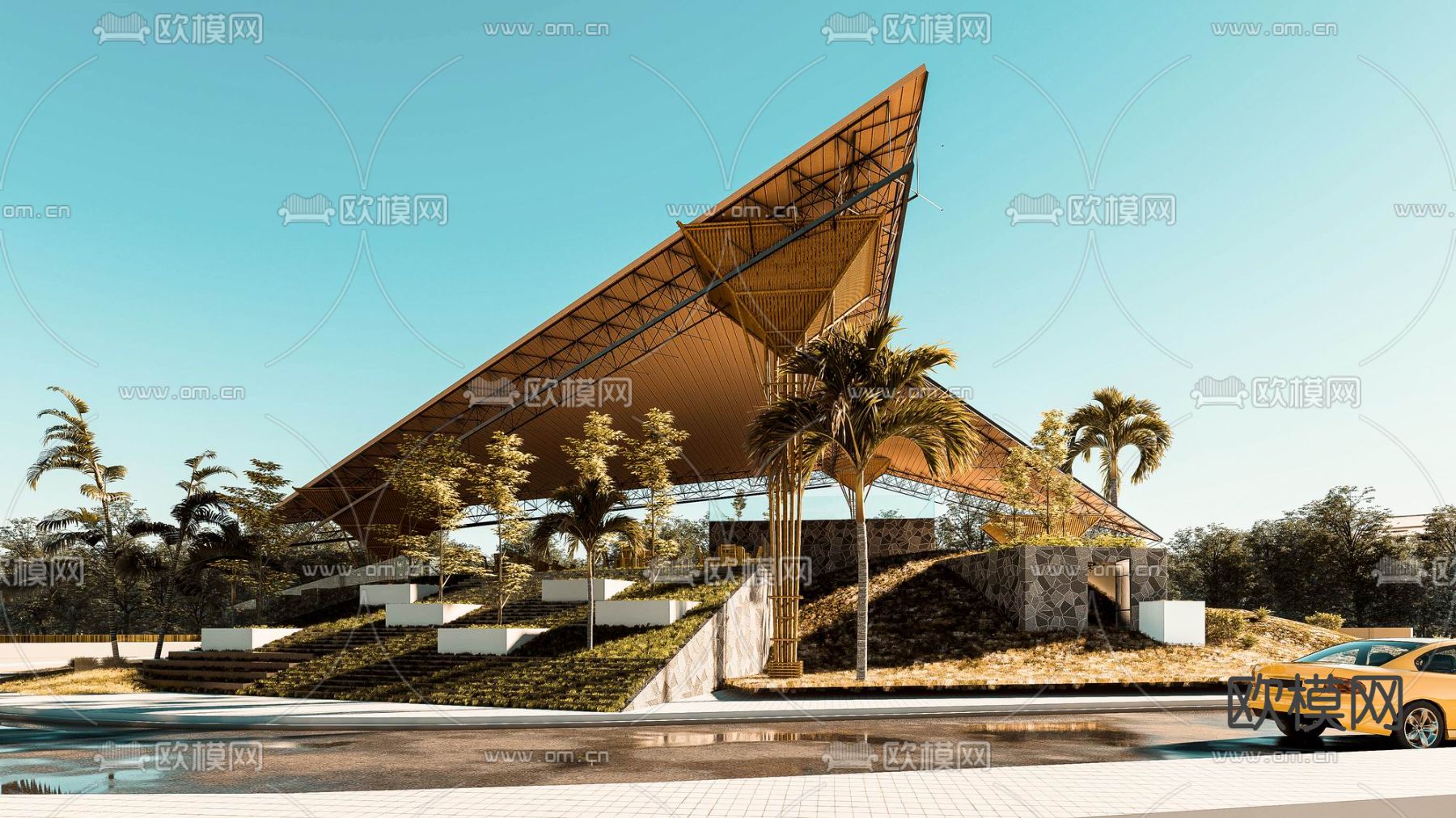 现代景观廊架su模型下载（渲染图1）