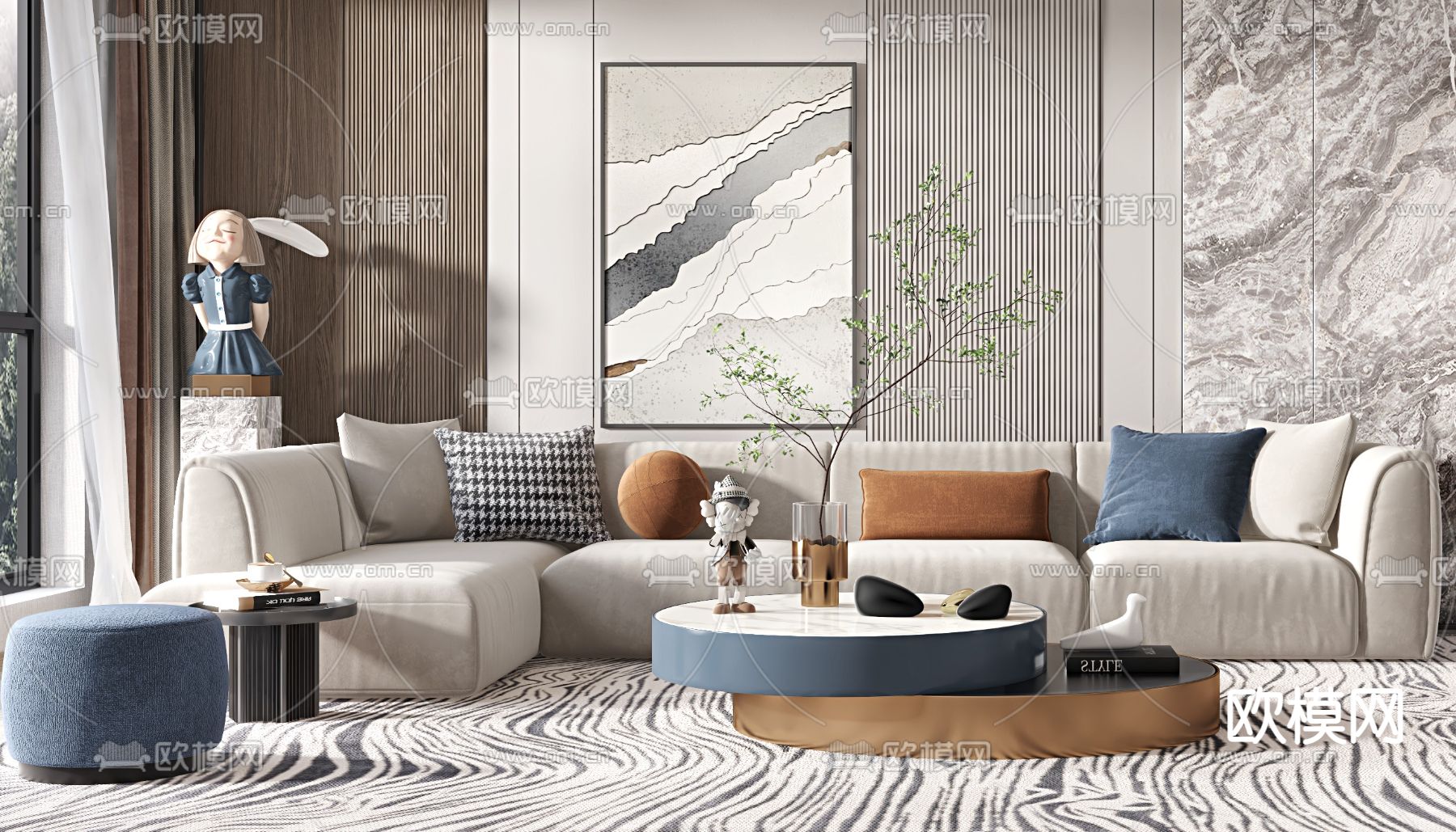 现代布艺转角沙发组合3d模型