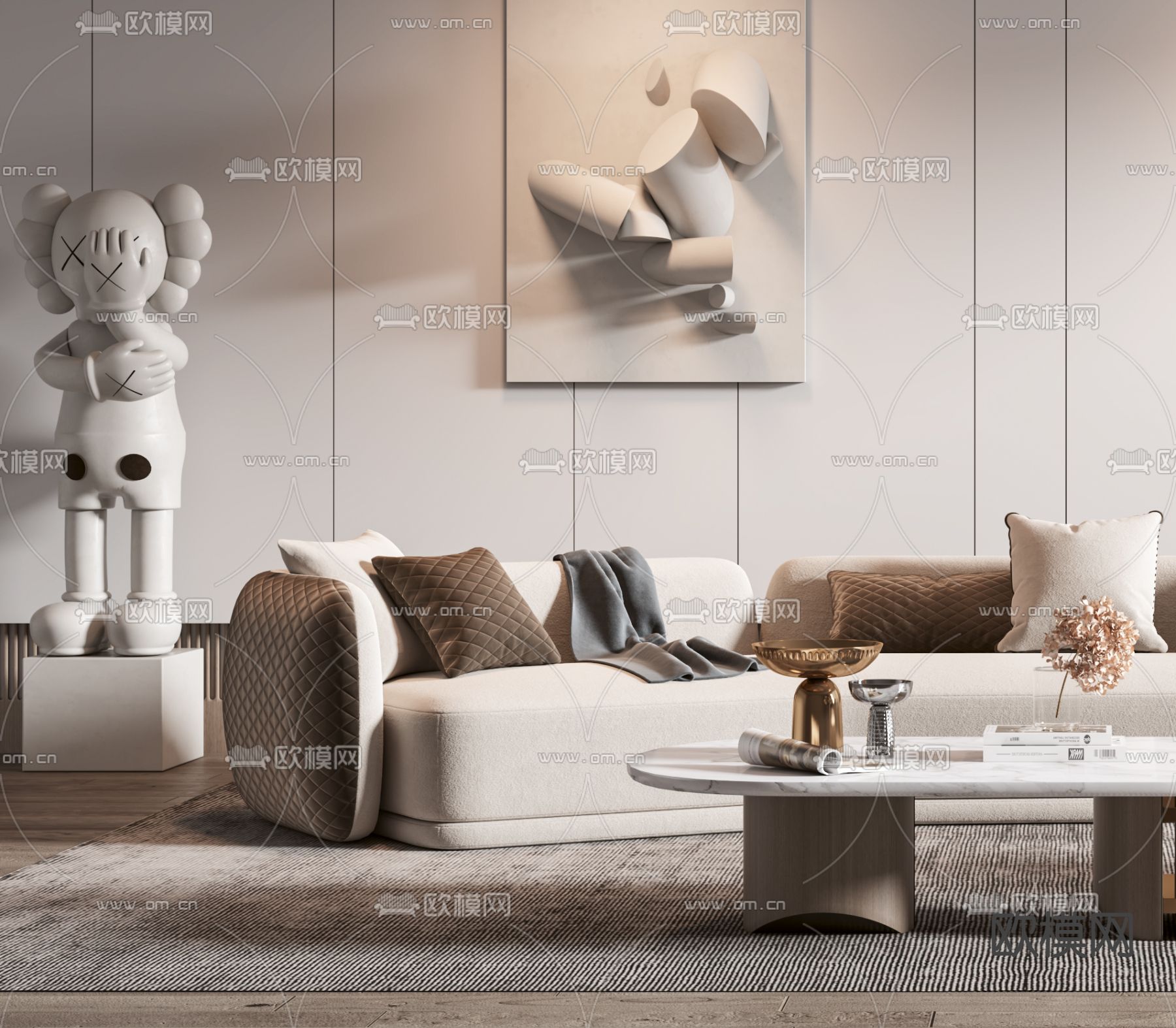现代布艺弧形沙发组合3d模型