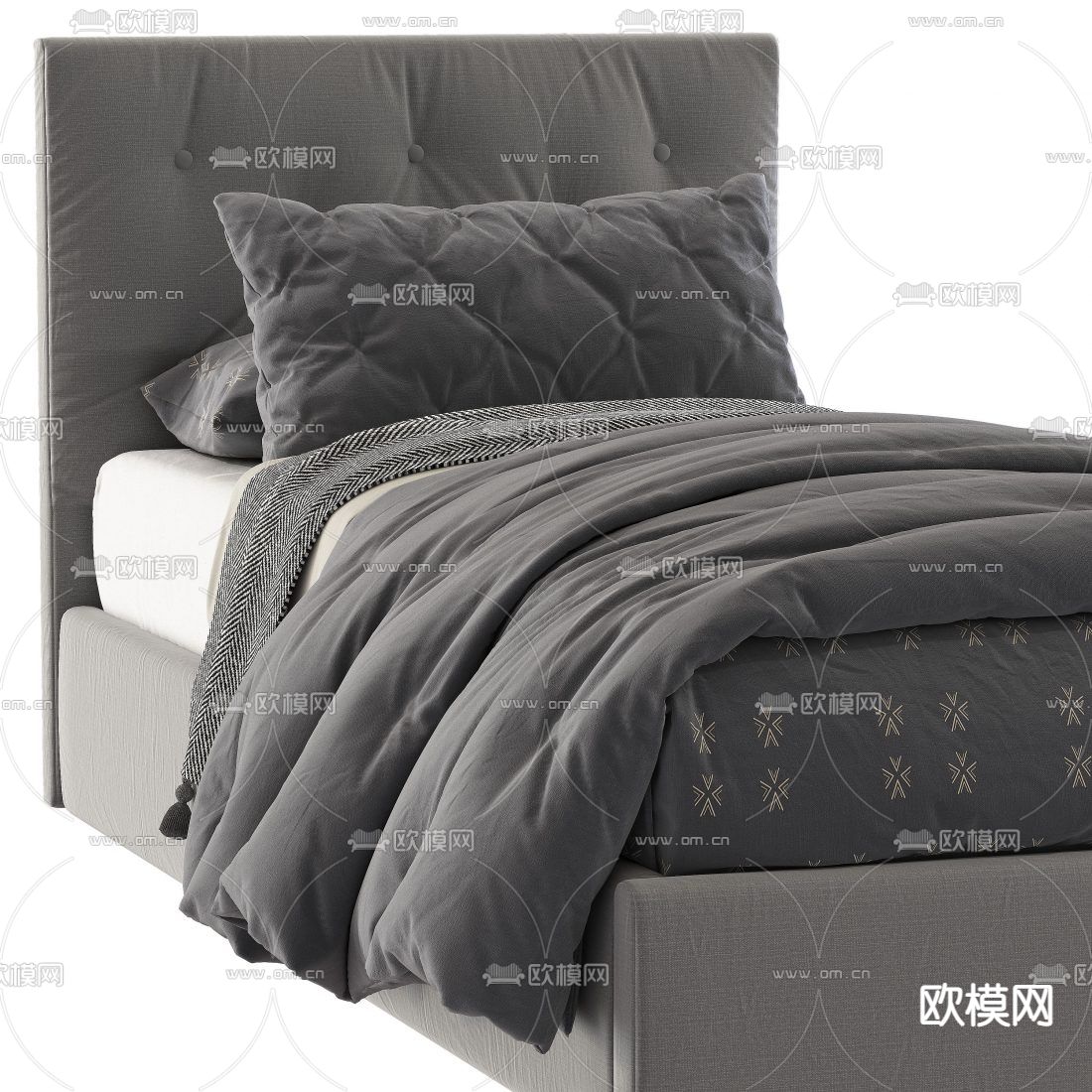 现代布艺单人床3d模型下载（渲染图5）