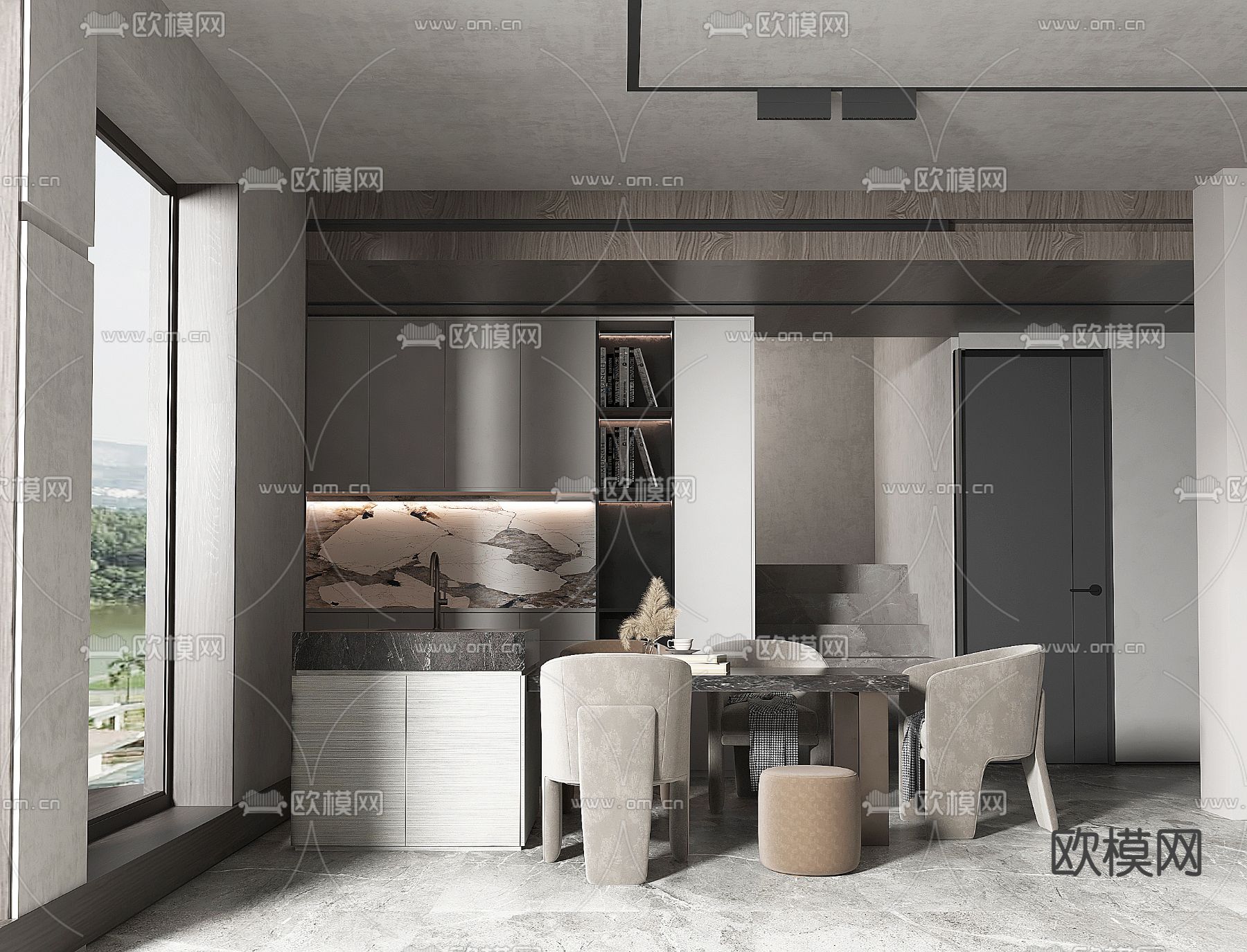 现代别墅客餐厅3d模型下载（渲染图2）