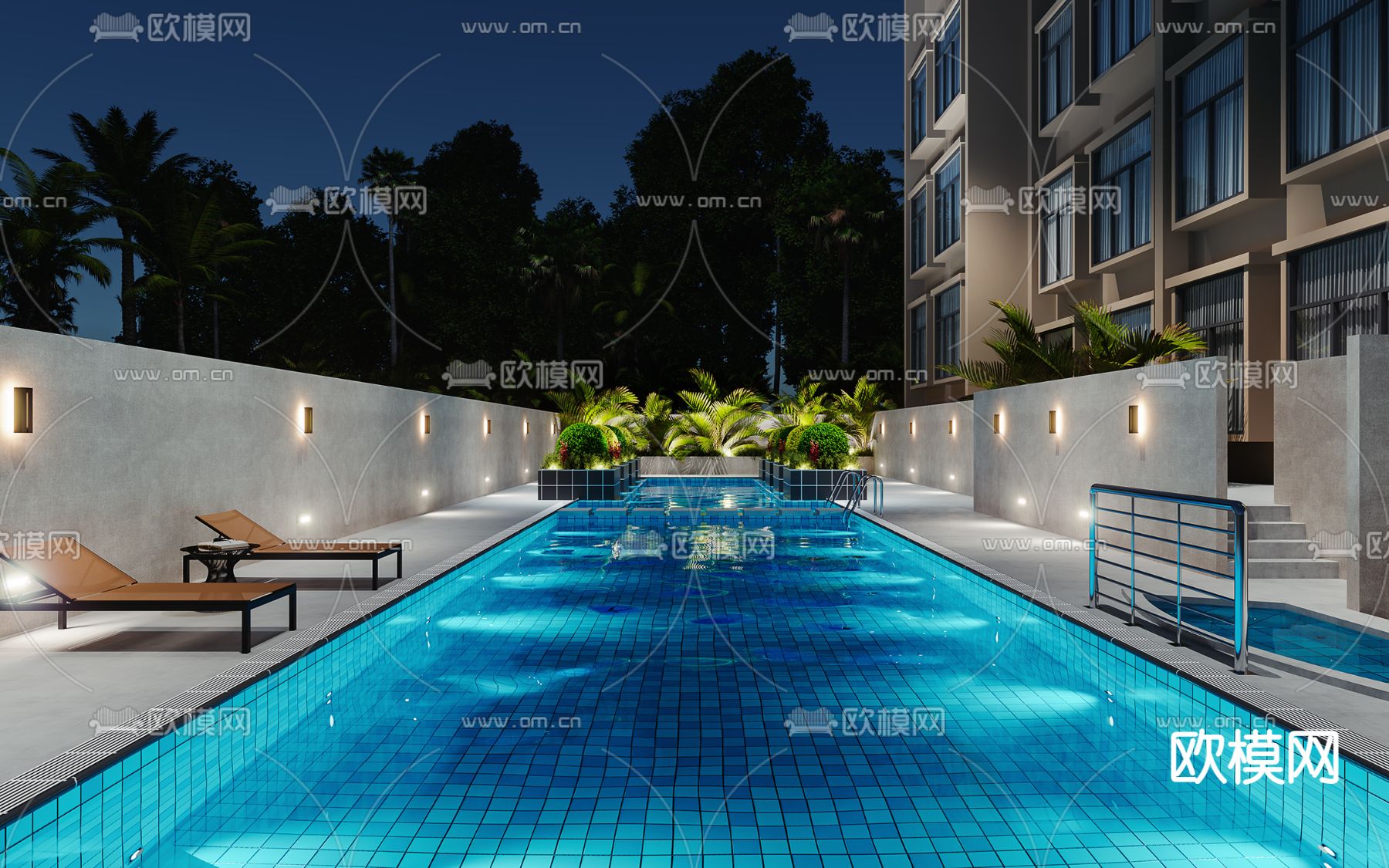 现代户外游泳池夜景3d模型
