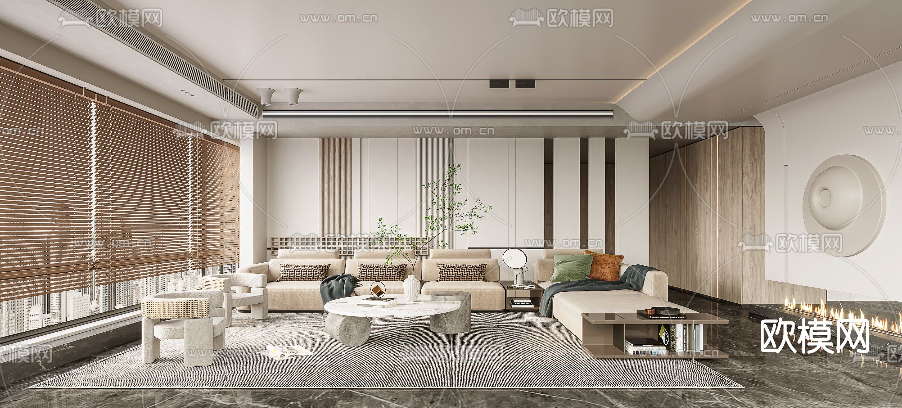 侘寂布艺转角沙发组合3d模型下载（渲染图1）