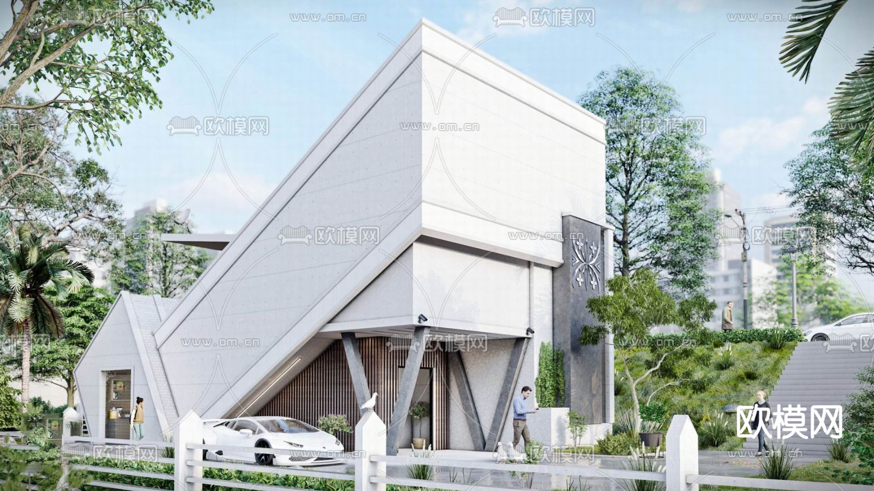 现代独栋别墅su模型下载（渲染图1）