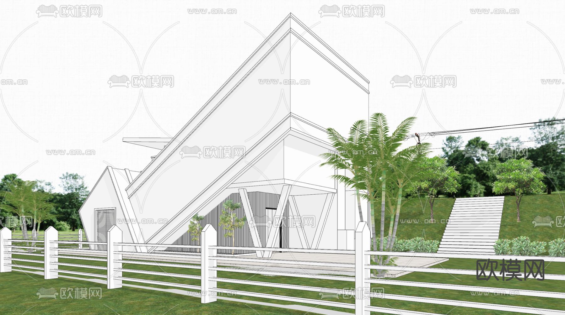 现代独栋别墅su模型下载（渲染图2）