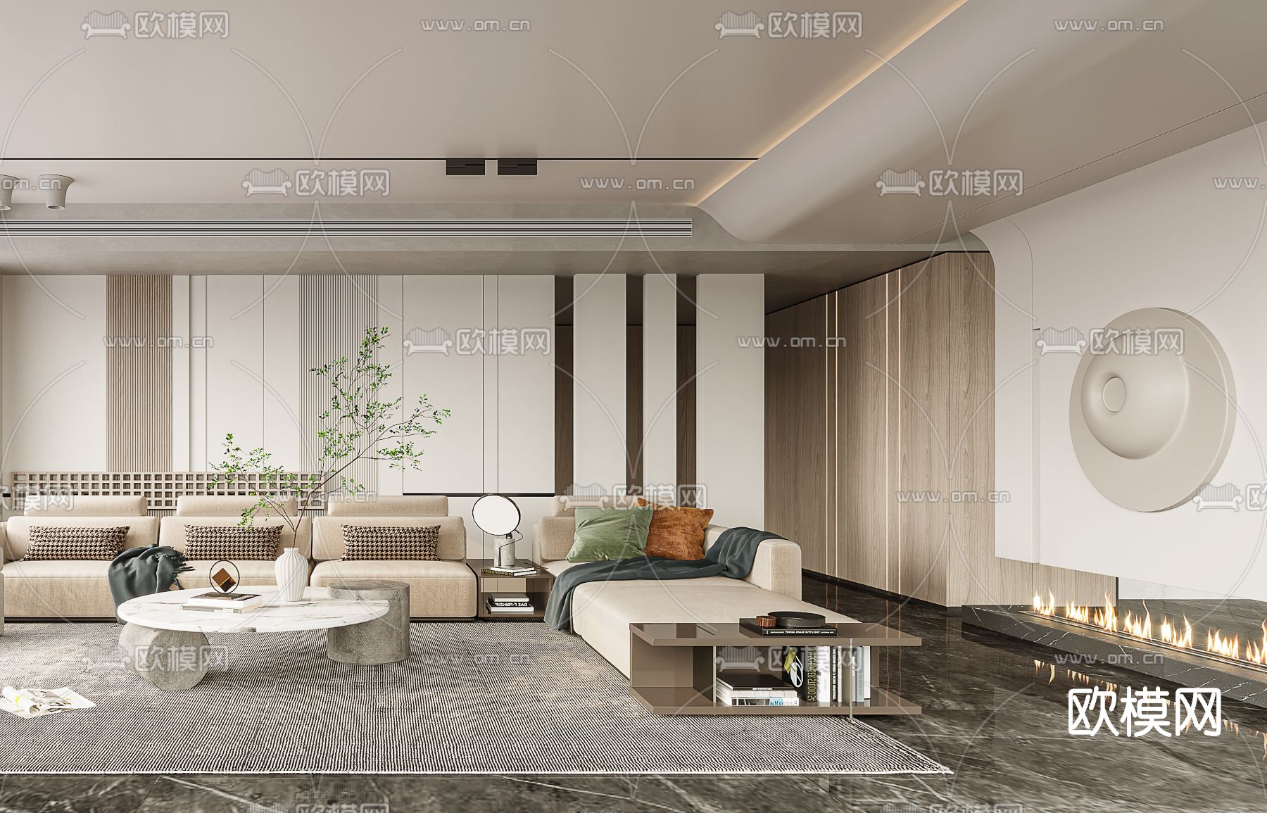 侘寂布艺转角沙发组合3d模型下载（渲染图2）