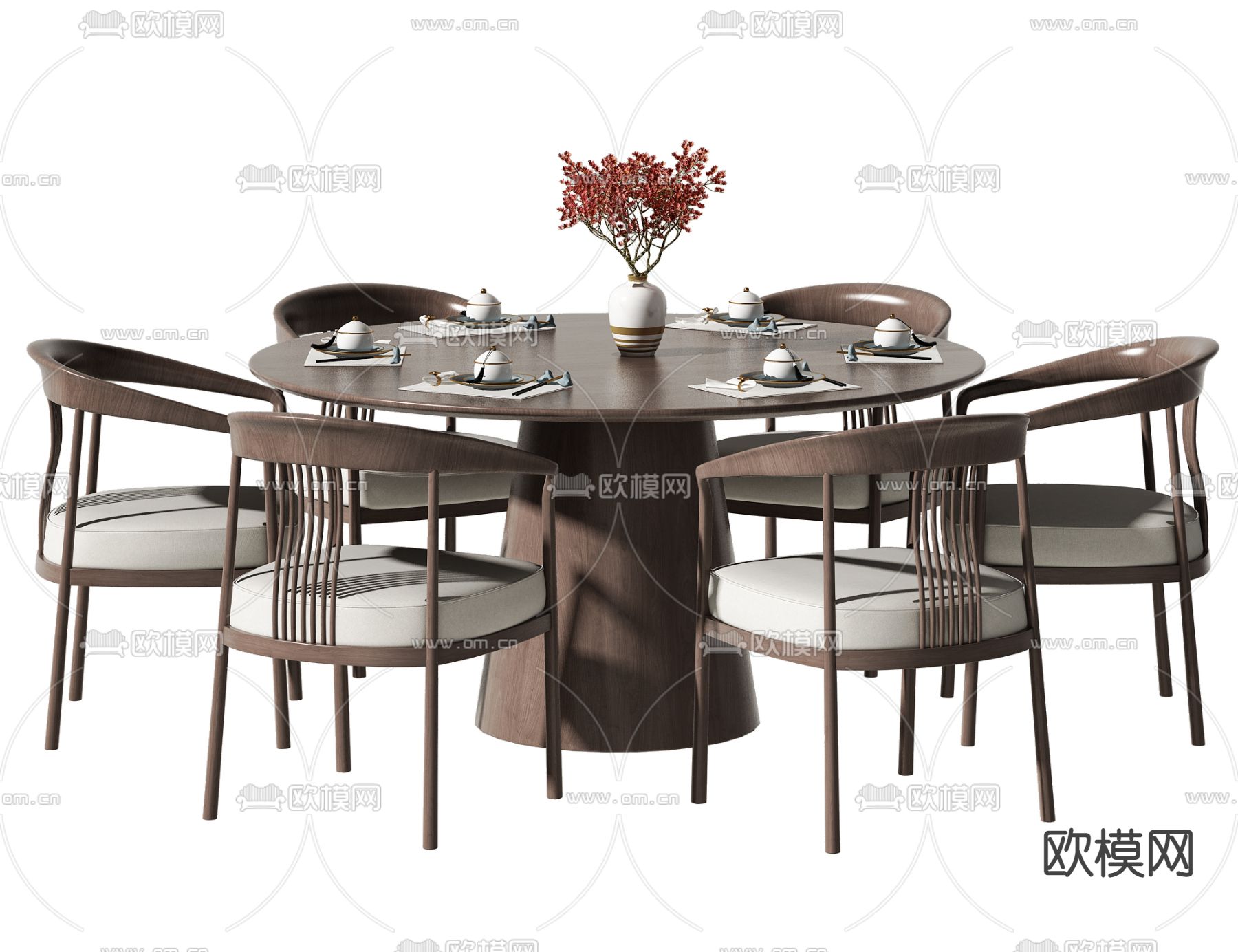 新中式圆形餐桌椅3d模型下载