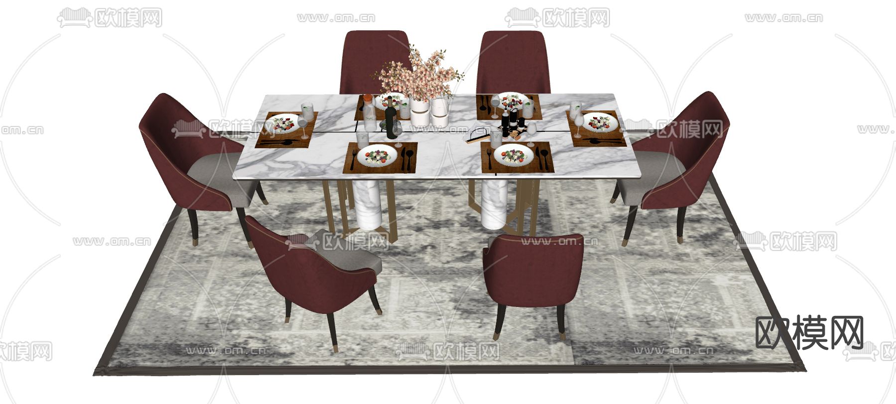 美式大理石餐桌椅su模型下载