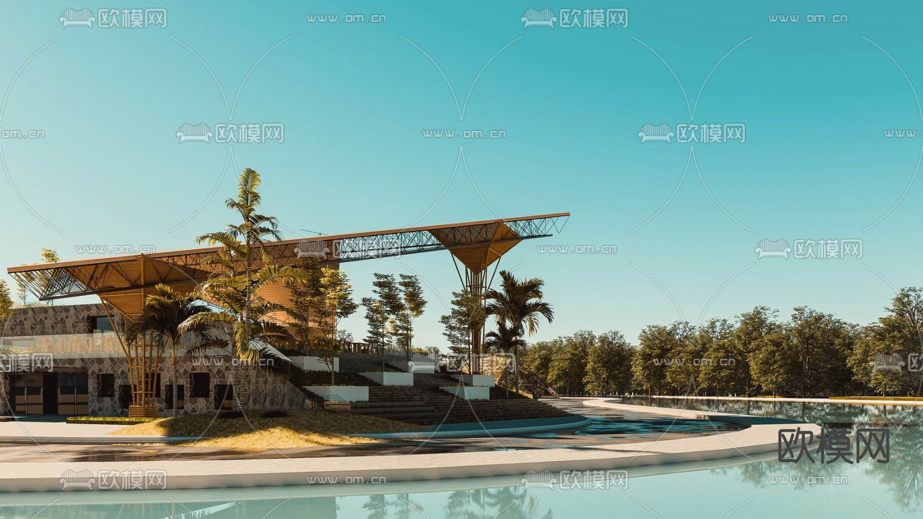 现代景观廊架su模型下载（渲染图2）