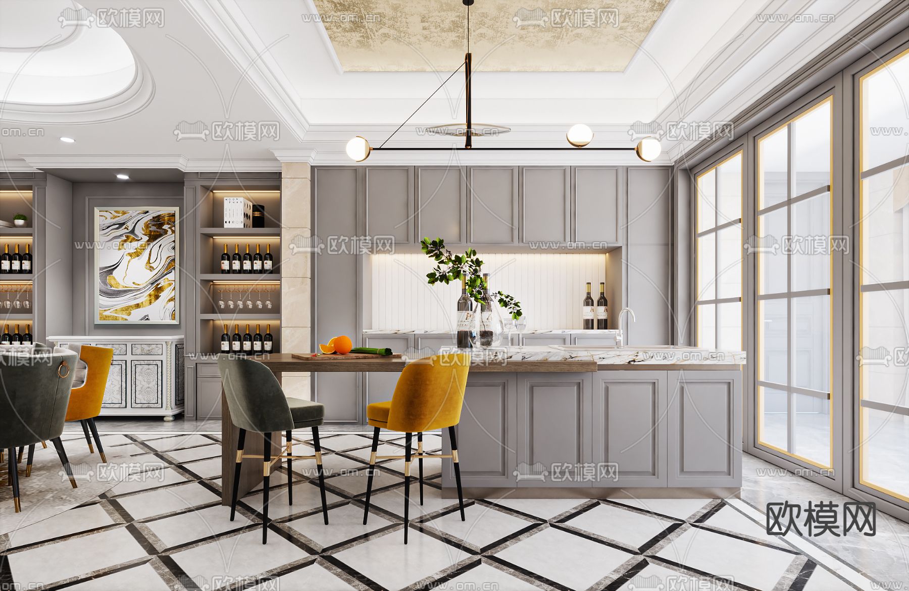 简欧轻奢客餐厅3d模型下载（渲染图8）