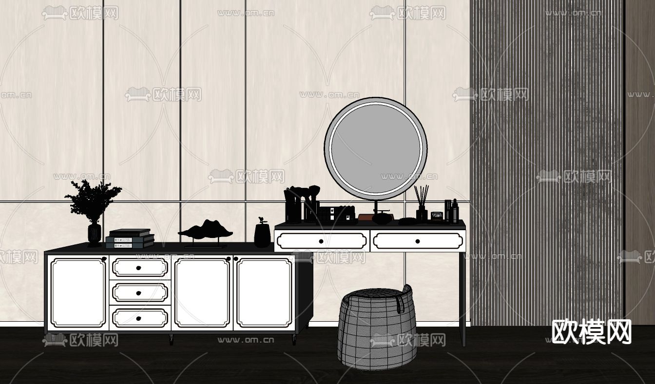 新中式梳妆台su模型下载（渲染图2）