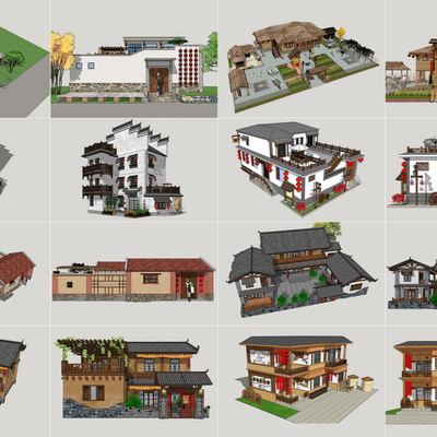  新中式农家乐小院su模型 