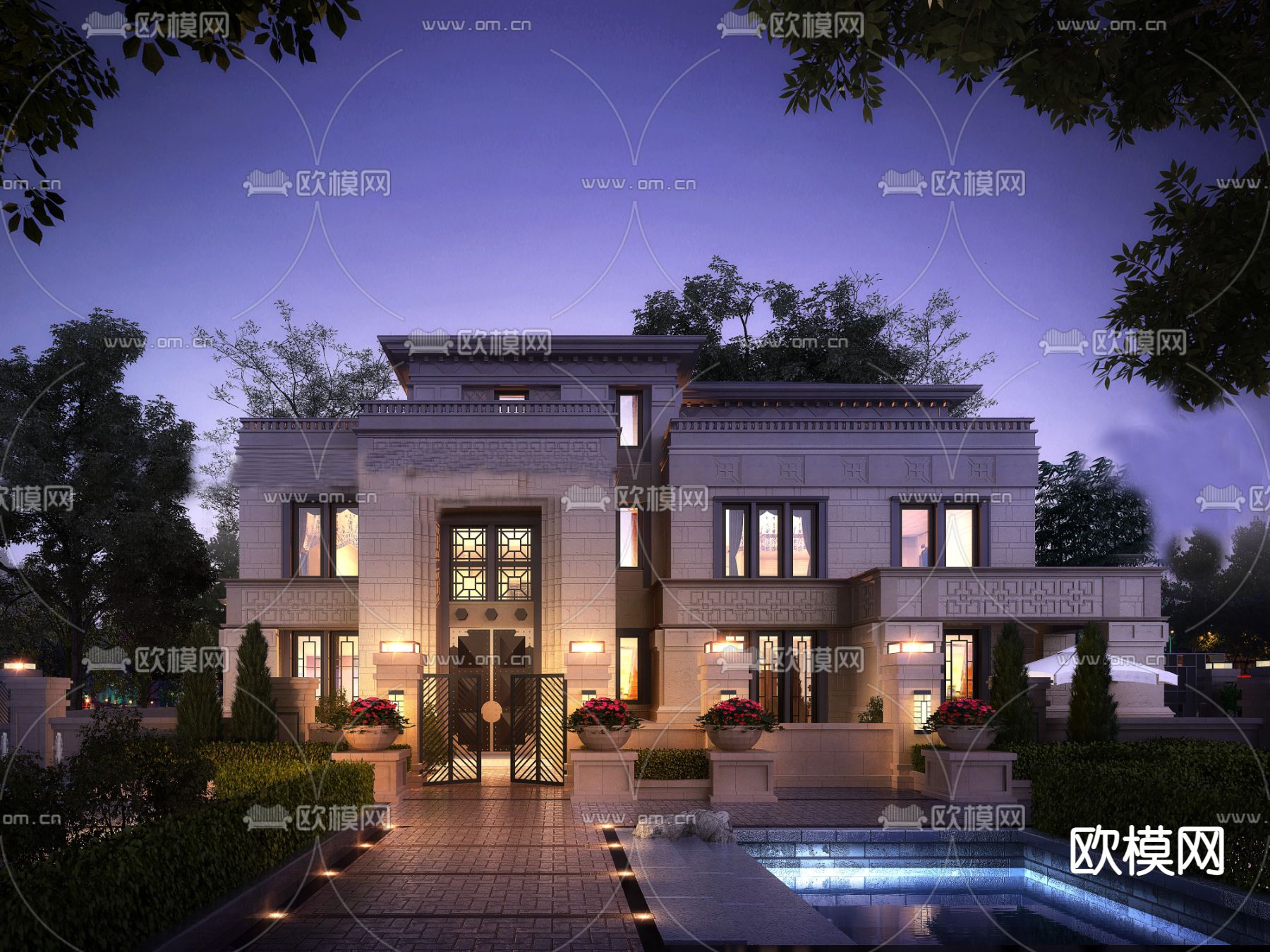 新中式独栋别墅su模型下载（渲染图3）