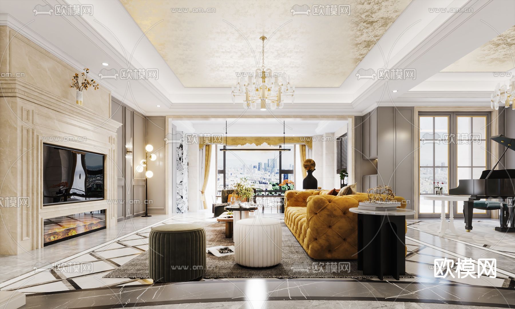 简欧轻奢客餐厅3d模型下载（渲染图1）