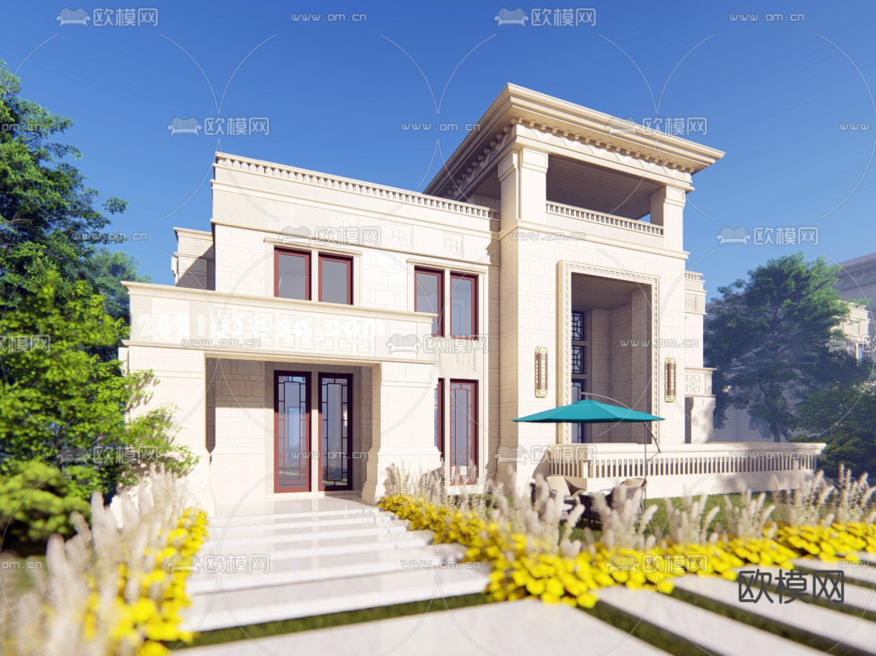 新中式独栋别墅su模型下载（渲染图7）