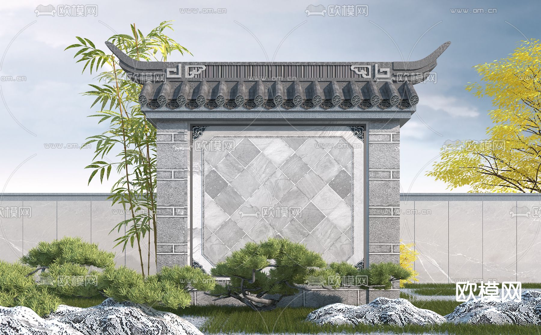 中式园林景观墙3d模型