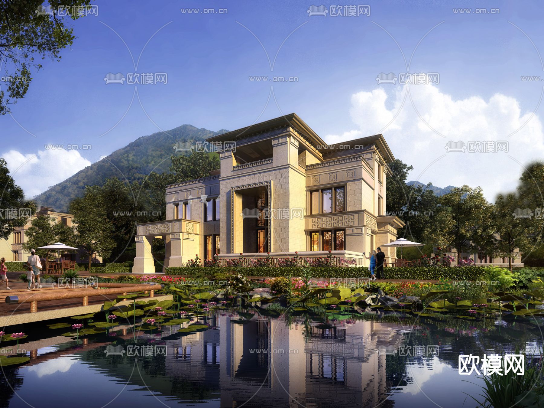 新中式独栋别墅su模型下载（渲染图1）