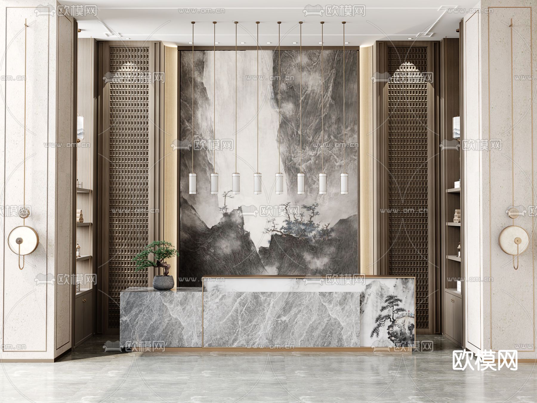 新中式售楼处前台su模型下载（渲染图1）