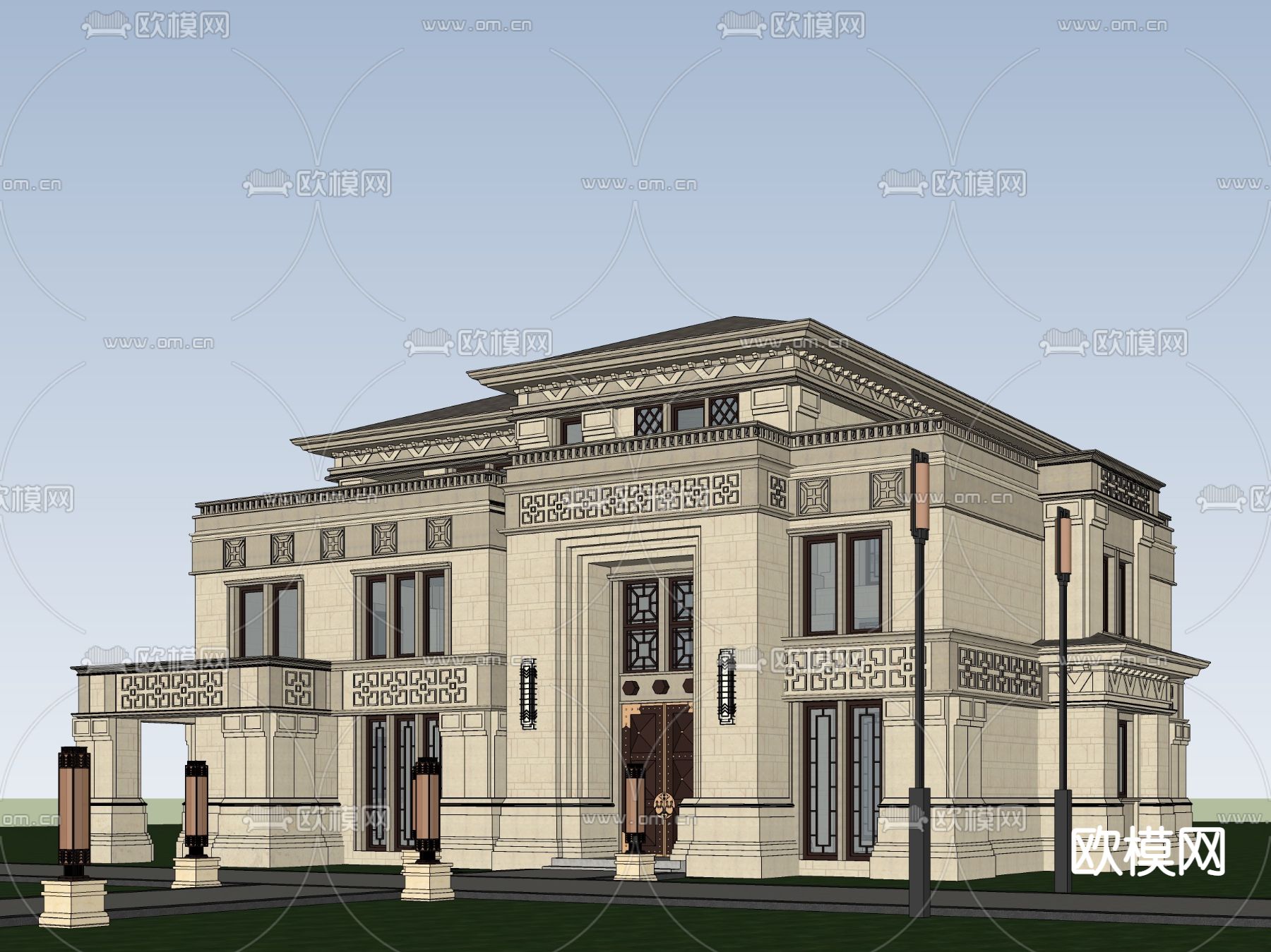 新中式独栋别墅su模型下载（渲染图4）