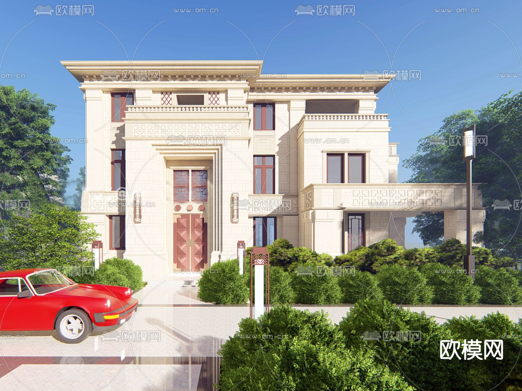 新中式独栋别墅su模型下载（渲染图8）