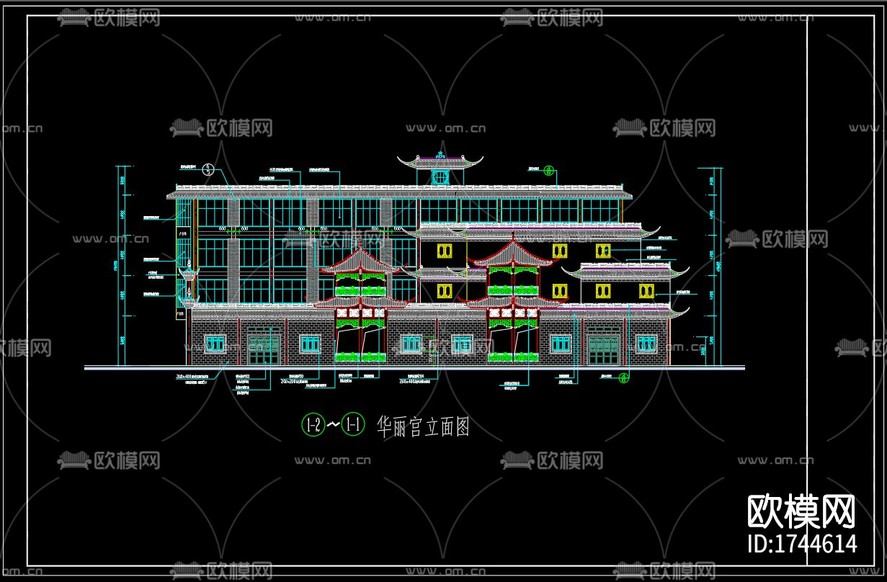 新中式建筑cad立面圖下載(渲染圖3)