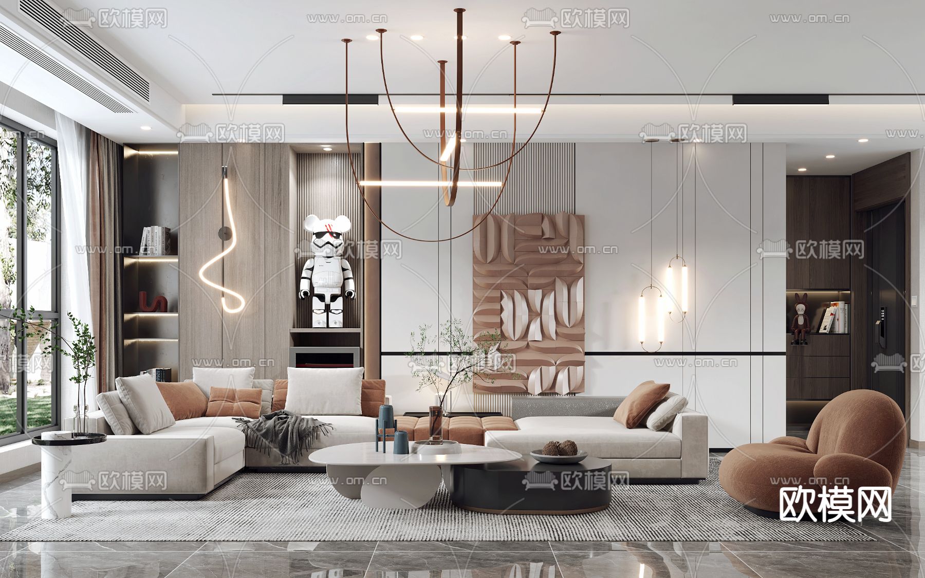 现代轻奢客厅3d模型下载（渲染图1）