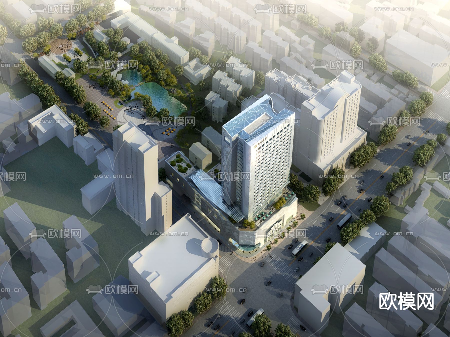 现代高层办公楼鸟瞰3d模型下载