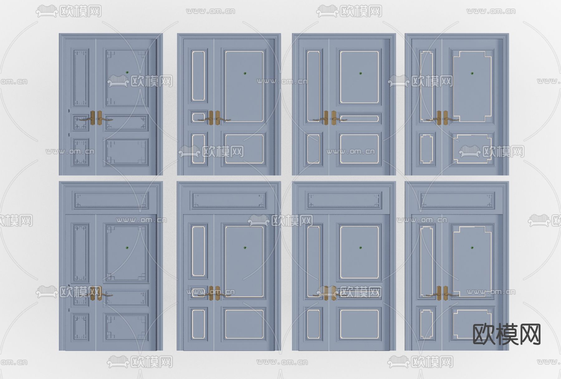 新中式实木烤漆子母门免费3d模型下载