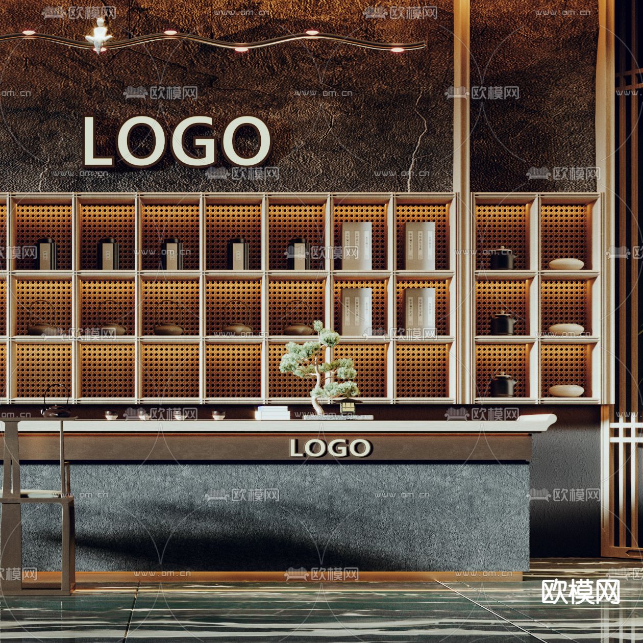 新中式接待台3d模型下载（渲染图1）