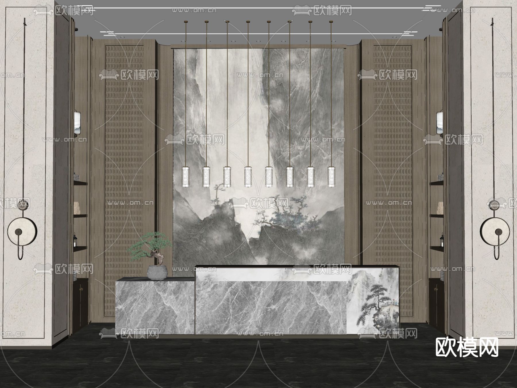 新中式售楼处前台su模型下载（渲染图2）