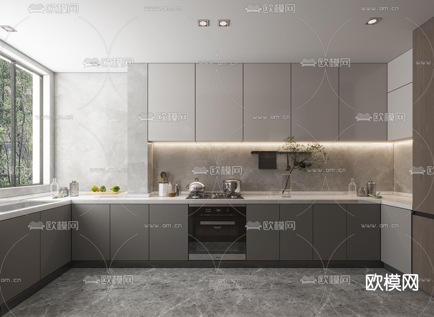 现代高级灰厨房3d模型下载（渲染图1）