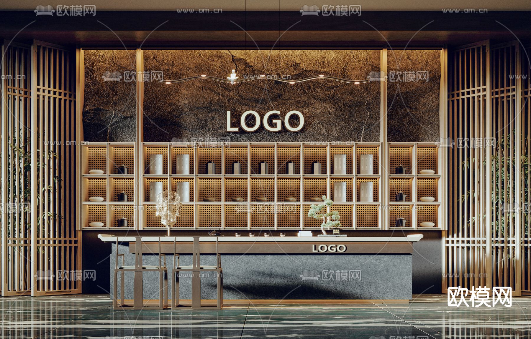 新中式接待台3d模型下载（渲染图2）