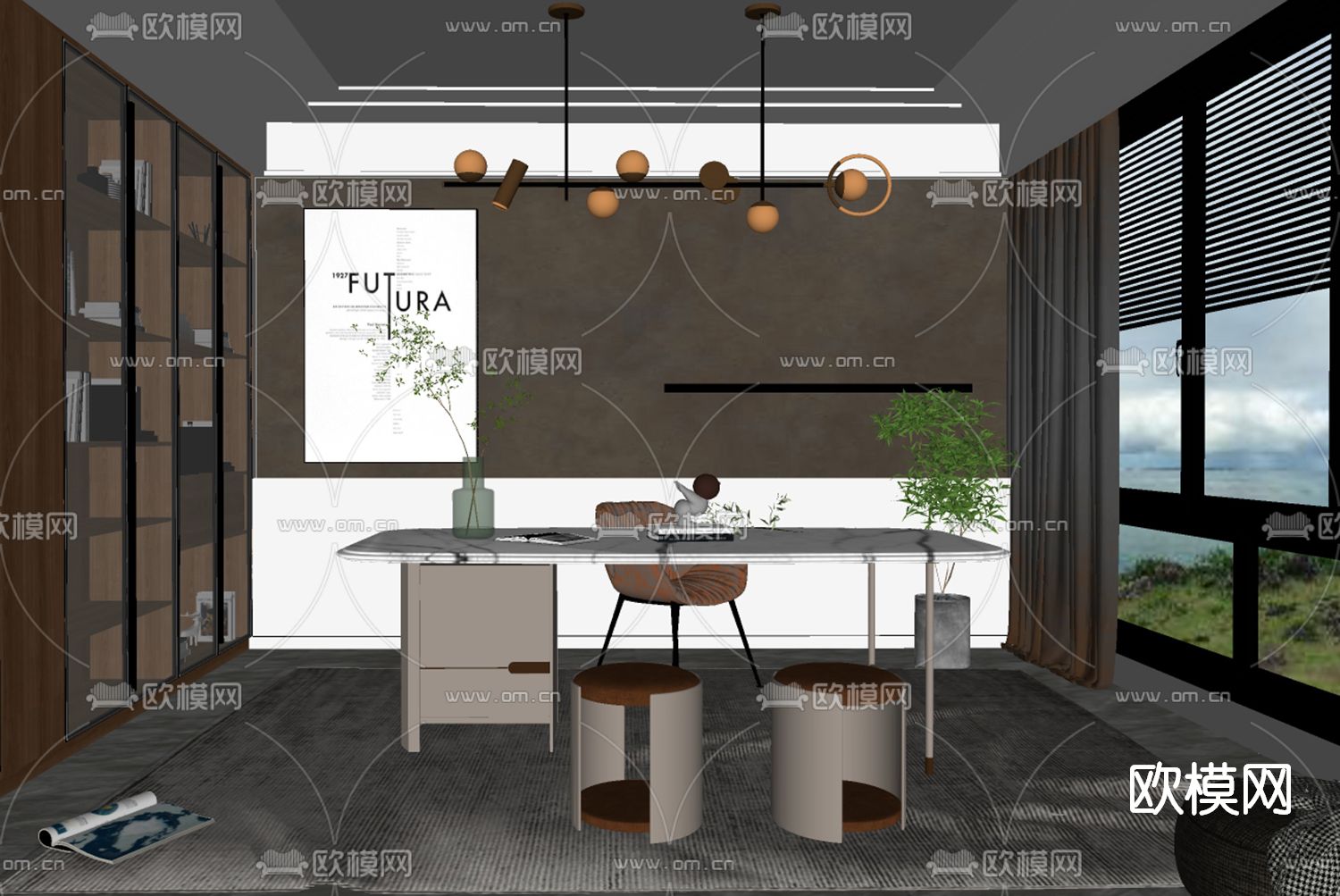 现代大理石书桌椅su模型
