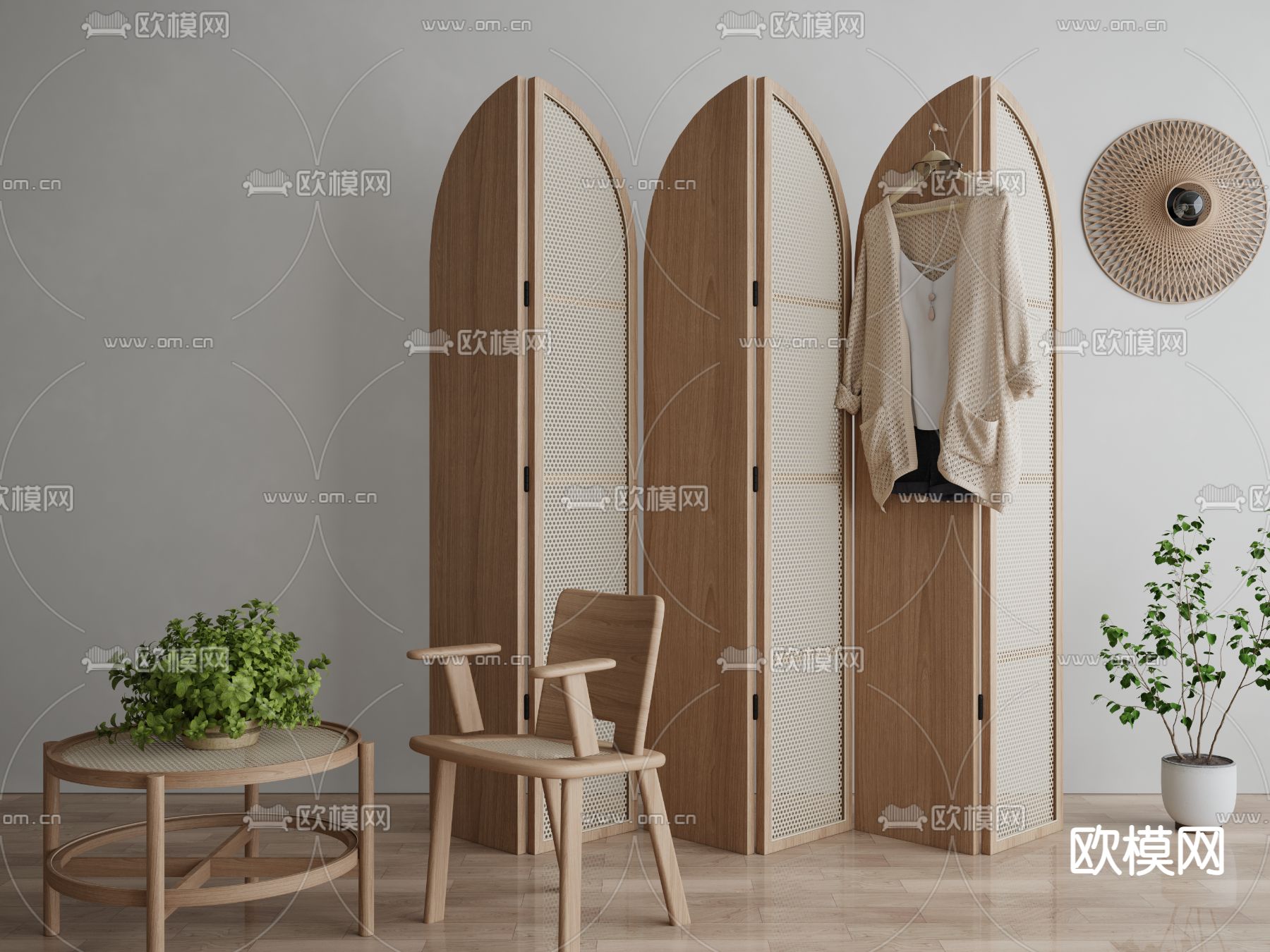 侘寂藤编实木屏风3d模型下载