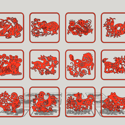  现代十二生肖剪纸su模型 