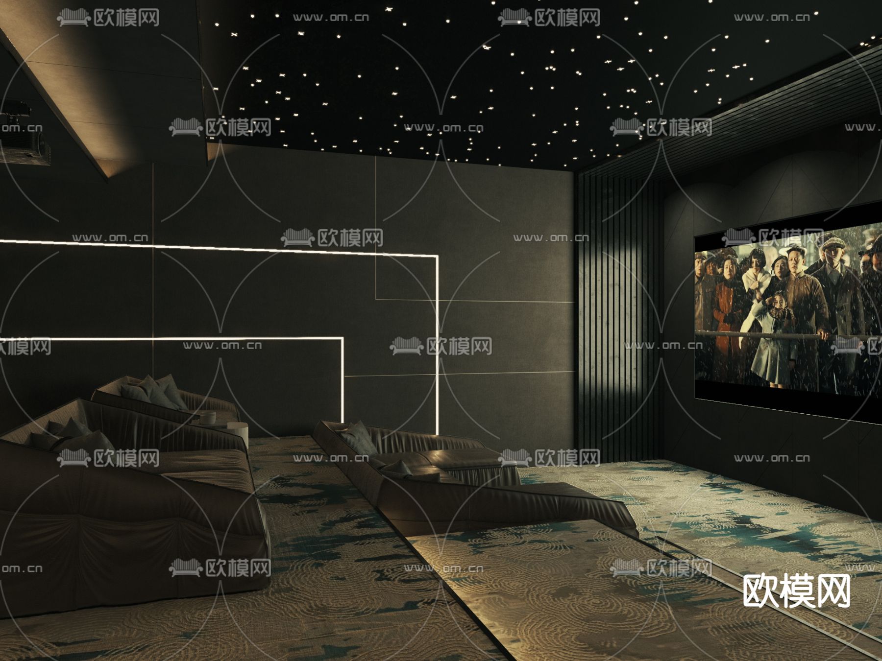 现代视听室影音室3d模型下载（渲染图1）