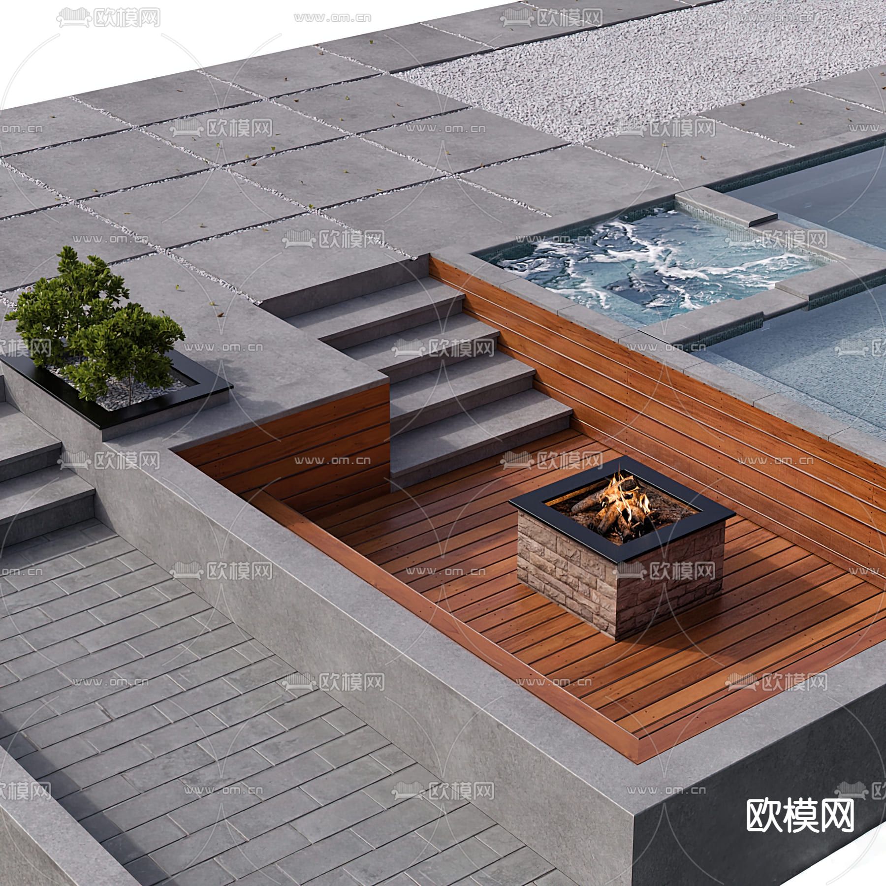 现代户外游泳池3d模型下载（渲染图2）