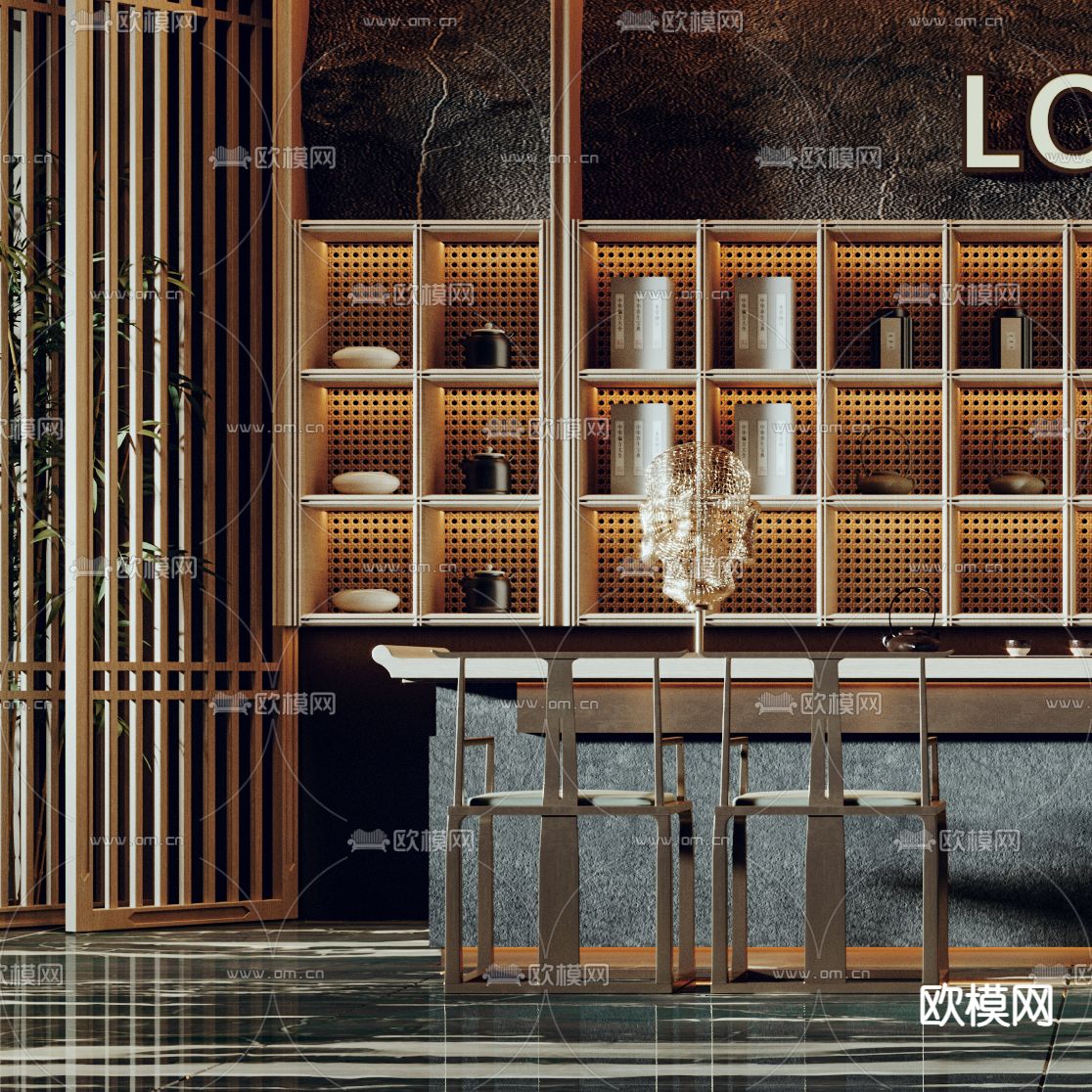 新中式接待台3d模型下载（渲染图3）