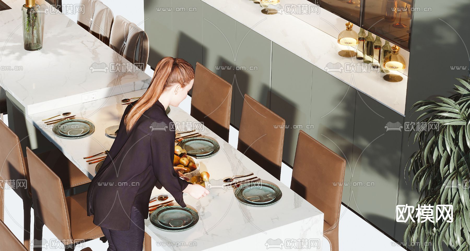 现代餐桌椅橱柜组合3d模型