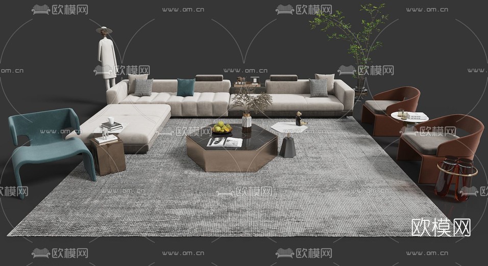 现代转角沙发组合免费3d模型下载_ID11612395_3dmax免费模型-欧模网