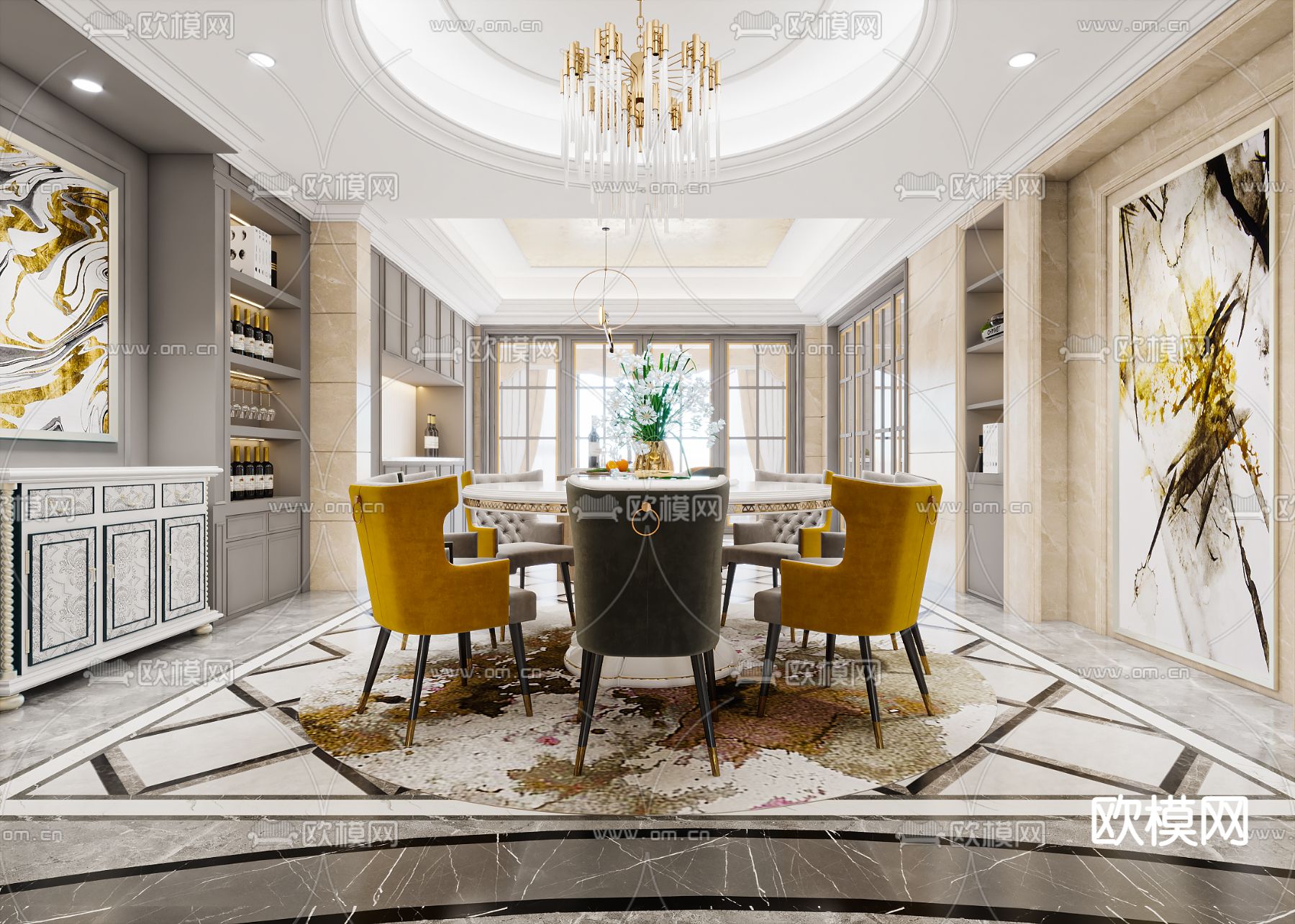 简欧轻奢客餐厅3d模型下载（渲染图3）
