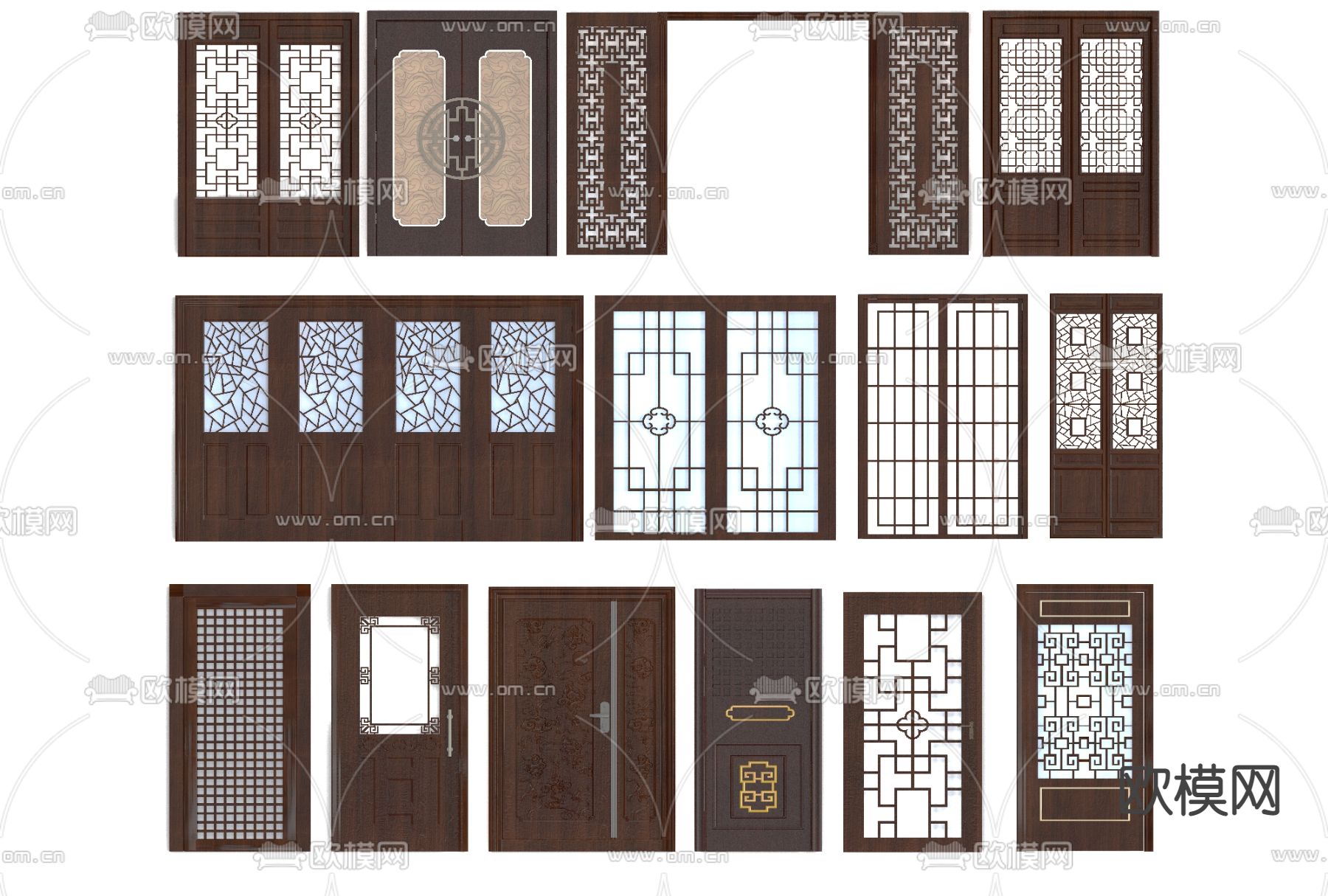 中式实木门组合免费3d模型下载