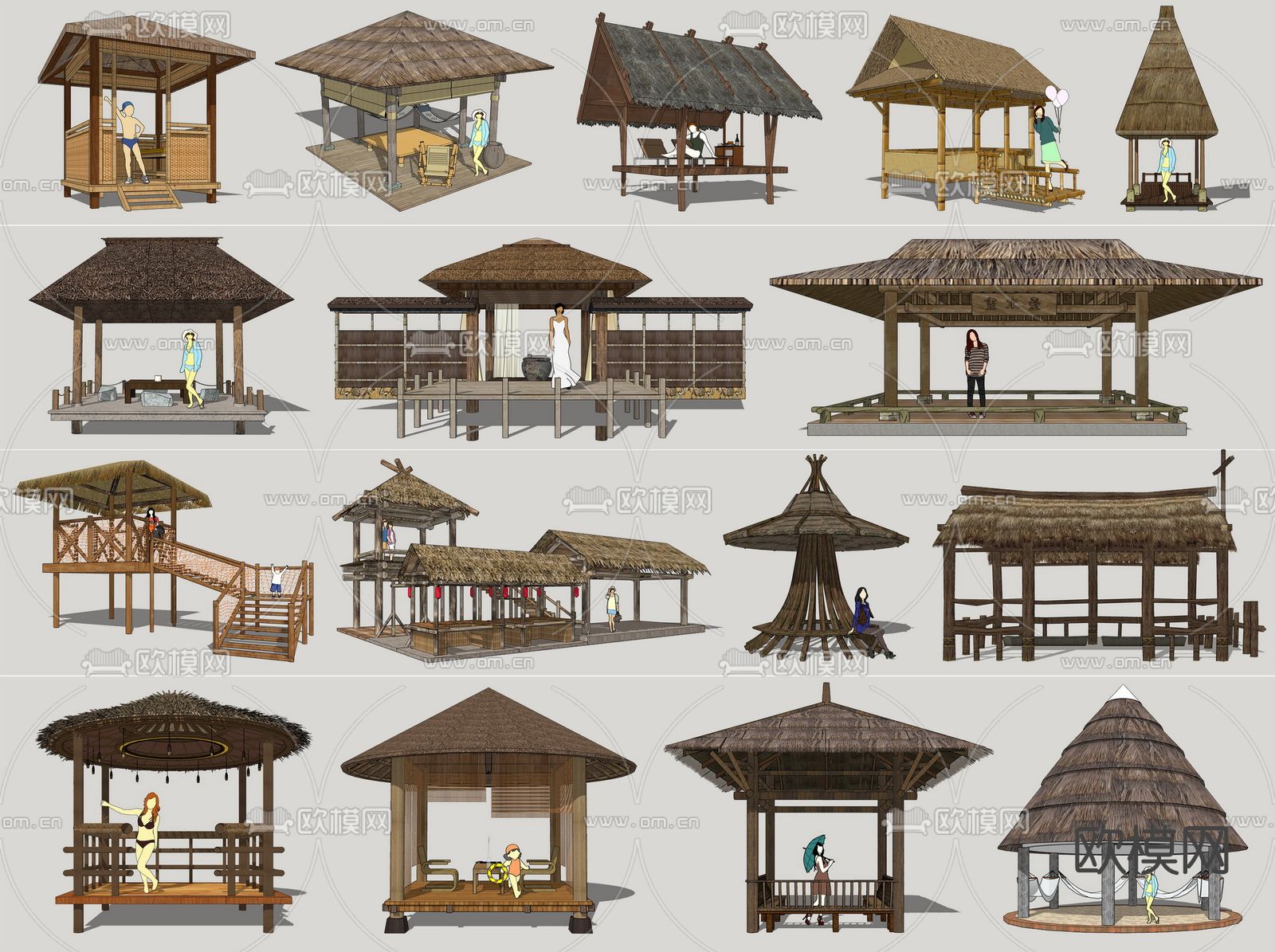 自然风茅草凉亭su模型下载