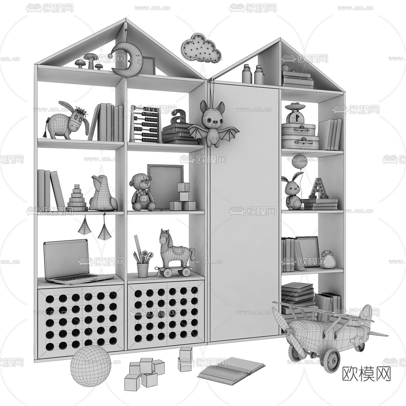 现代儿童书柜装饰柜3d模型下载（渲染图3）