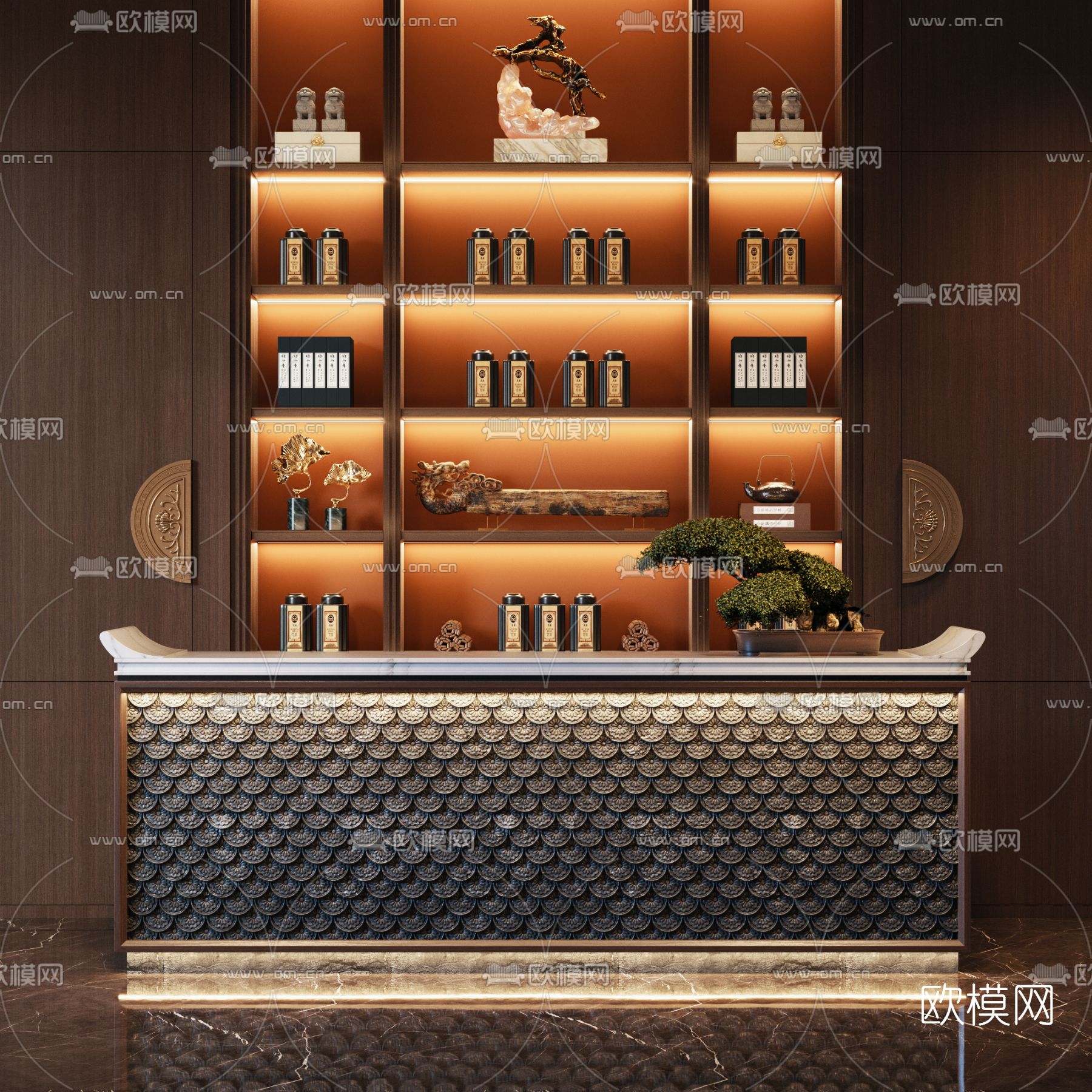 新中式前台接待台3d模型下载
